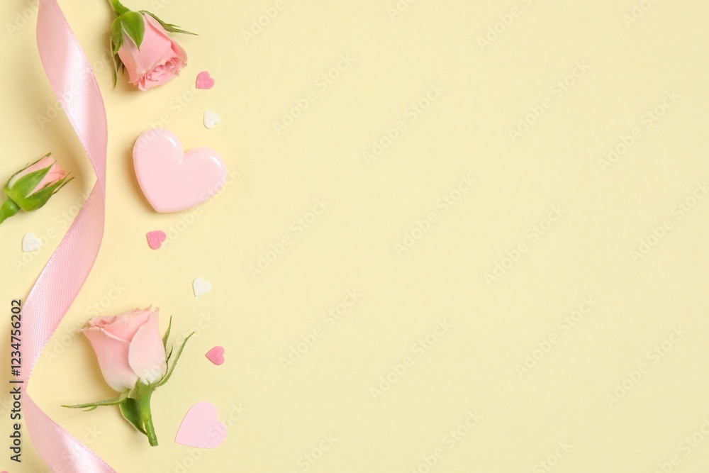 Fototapeta premium Beautiful composition with pink roses and gift box on color background