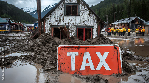 Mudslide Damage to House with Tax Sign in Mountainous Rural Area