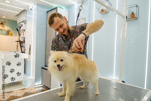 At a pet grooming salon, a middle-aged male groomer is trimming the fur of an adorable Pomeranian dog with scissors