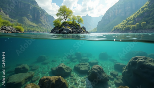 Fototapeta Naklejka Na Ścianę i Meble -  An amazing underwater and above-water view of a crystal clear lake with a single tree on a small island reflected in the water, with underwater rocks and plants, creating the effect of a divided world