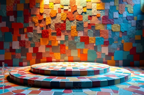 A colorful mosaic room with a circular platform in the center photo