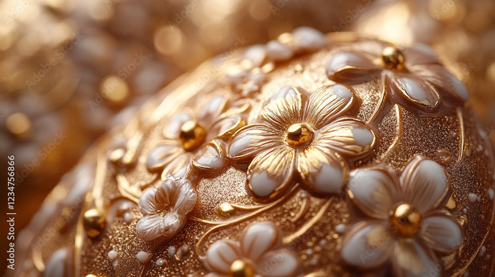 Fototapeta premium Easter chocolate egg. A painted Easter egg. Golden Easter egg. Easter card and chocolate painted egg.