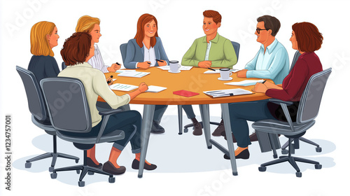 Parents Discussion Group Around Round Table in Professional Setting - Vector Illustration