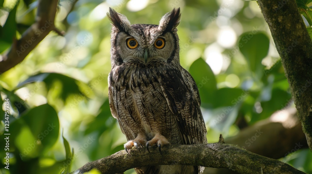 A majestic owl perched on a tree branch observes the world around it with sharp eyes A majestic owl perched on a tree branch observes the world around it with sharp eyes
