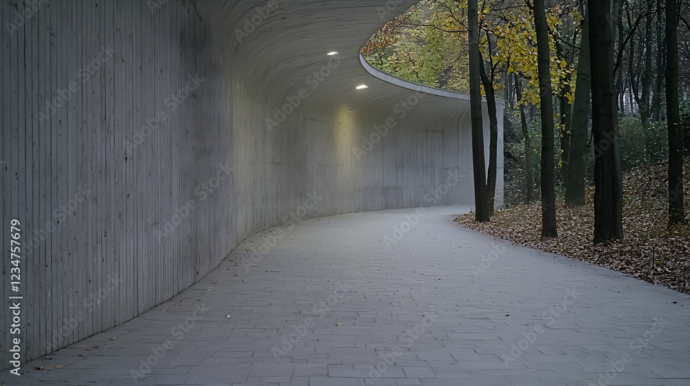 Obraz premium Curving concrete path, autumn woods, walkway, architecture