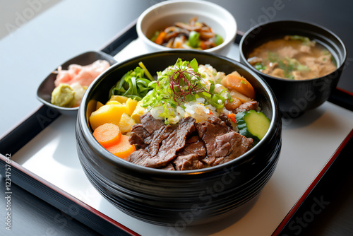 P An elegant display of gyudon beef bowl with photo