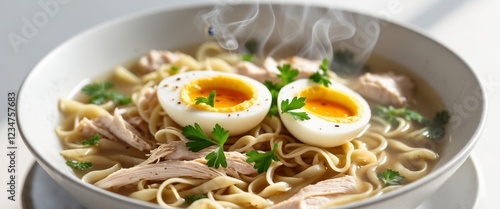 Close up of a bowl of chicken noodle soup with sliced boiled egg and fresh parsley. photo