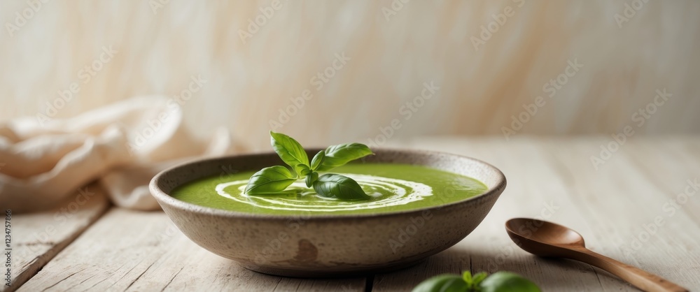Bowl of green soup garnished with fresh basil leaves and a spoon on a wooden table Bowl of green soup garnished with fresh basil leaves and a spoon on a wooden table