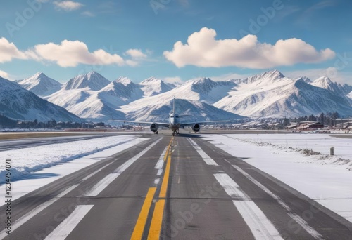 Aircraft taxiway with snow-covered mountains in the background at Avions Tarmac Airport Tarbes Lourdes Pyrenees , tarmac, tarbes photo