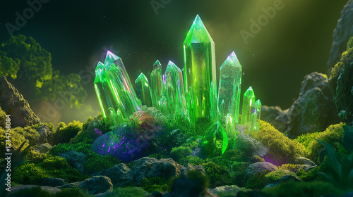 A cluster of vividly colored crystals emerges from the depths of the ancient woodland moss.