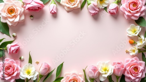 Delicate pink and white roses with green leaves on a soft pink background