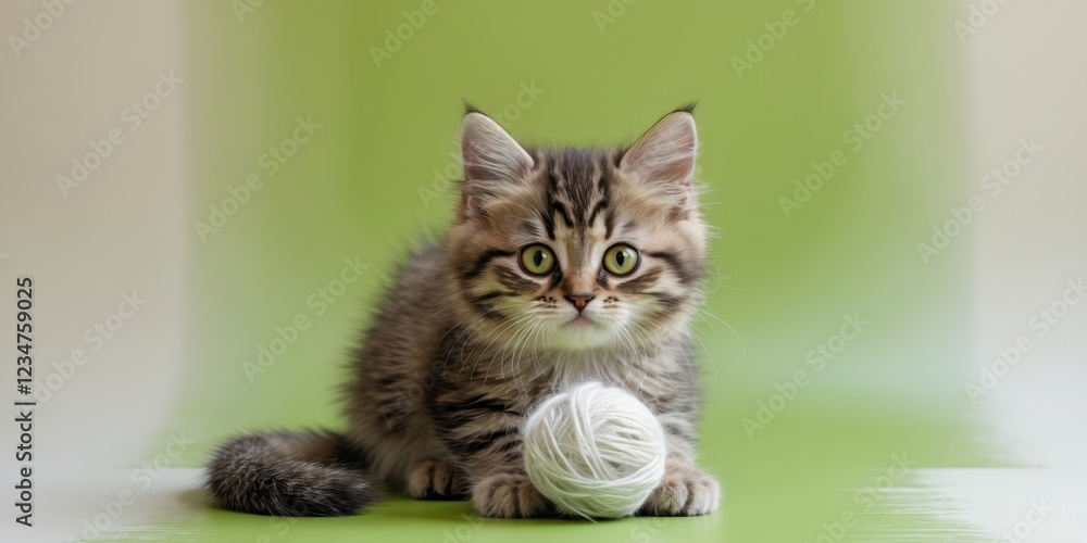 A tabby kitten with a ball of wool sits on a green background looking directly at the camera. A tabby kitten with a ball of wool sits on a green background looking directly at the camera.