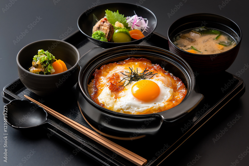 P An elegant display of oyakodon chicken and