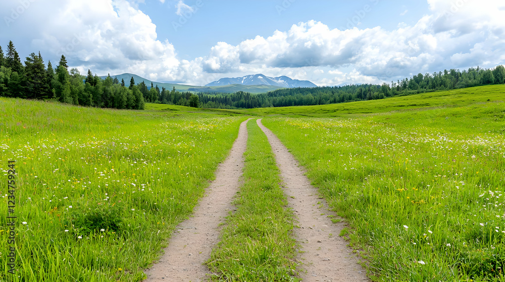 Mountain meadow path, summer day, scenic view, travel Mountain meadow path, summer day, scenic view, travel