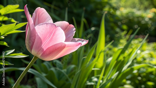 A pink tulip's delicate petals glow in sunlight, showcasing gradients and textures, with lush green foliage blurred behind photo