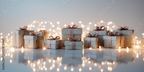 Festive holiday scene featuring beautifully wrapped gift boxes with ribbons and twinkling lights.