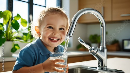 A joyful child with bright eyes and a big smile drinking fresh, clean water directly from a sleek kitchen faucet