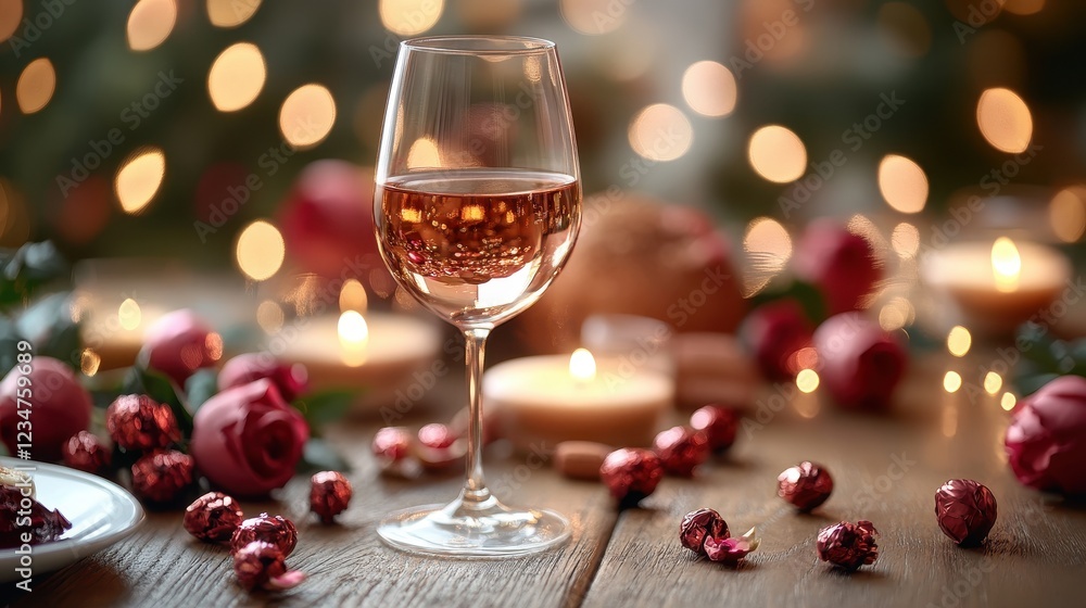 A romantic setting featuring a glass of rosé, candles, and roses. A romantic setting featuring a glass of rosé, candles, and roses.