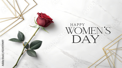 Minimalist Digital Illustration of Red Rose with Gold Geometric Design Celebrating Happy Women's Day with Copy Space photo