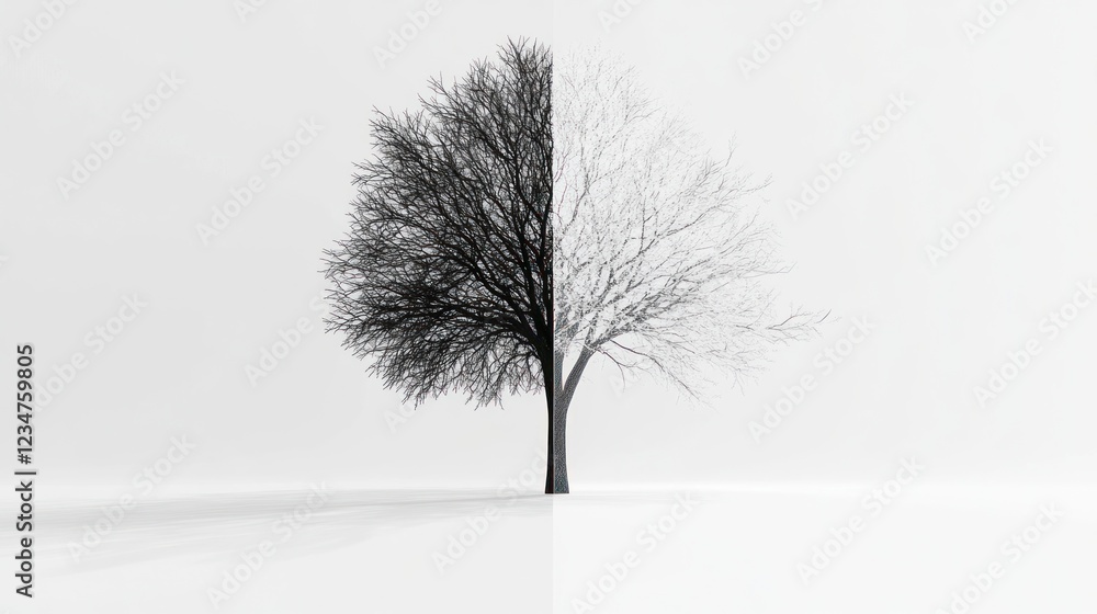 Fototapeta premium Half-dead tree, white background, seasonal change concept, environmental illustration