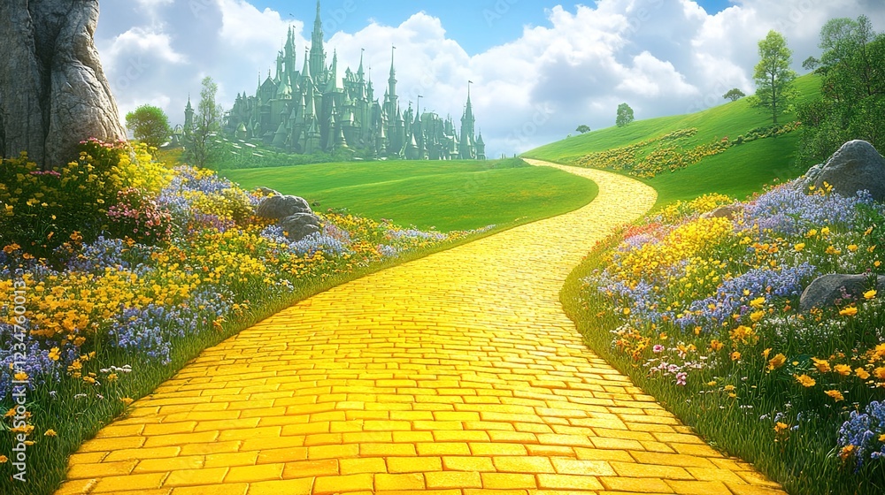 Obraz premium A vividly colored yellow brick road leading to the emerald city, with tall green hills in the background, a bright blue sky, and white clouds. 