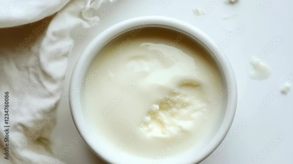 Creamy yogurt swirl in white bowl on soft linen surface Creamy yogurt swirl in white bowl on soft linen surface