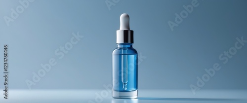 Blue Serum Bottle with Dropper on Blue Background. photo