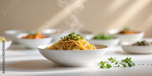 Bowl of pasta topped with herbs in foreground with additional bowls of food blurred in background Copy Space photo