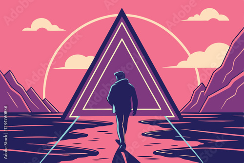  Silhouette of a person walking, giant neon triangle portal, surreal landscape, reflective water surface, vibrant sunset sky, pink and blue color palette, dreamy atmosphere, sci-fi aesthetic, synthw