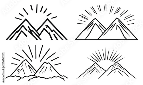 line art drawing of two mountains with rays coming out behind them on a white background