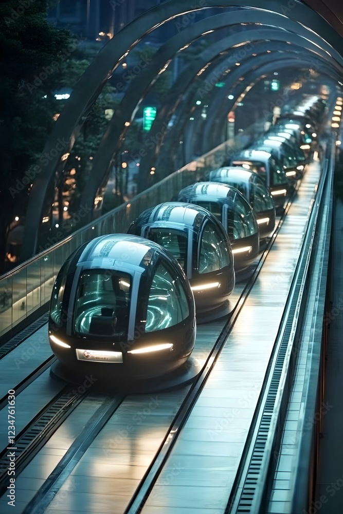 Obraz premium A sleek, futuristic train glides through a neon-lit cityscape, showcasing advanced technology and modern design in a bustling urban environment.
