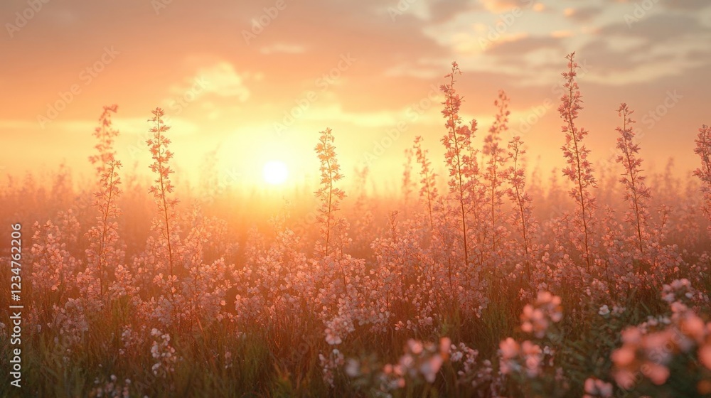 Warm Sunrise Over a Field of Pink Flowers Warm Sunrise Over a Field of Pink Flowers