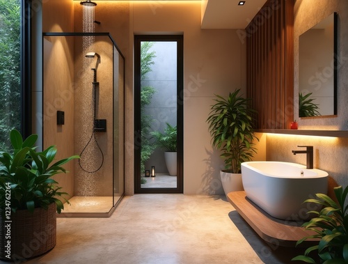 Modern shower and bathtub in a spa-inspired bathroom with ambient lighting and lush greenery photo