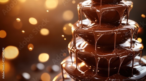 Delicious chocolate fountain dripping with melted chocolate on golden bokeh background, copy space