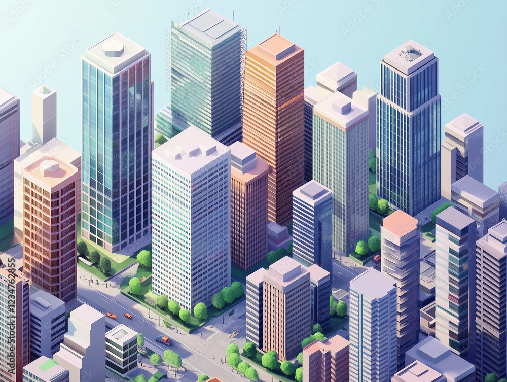 Obraz premium Modern Cityscape with Skyscrapers and Green Spaces