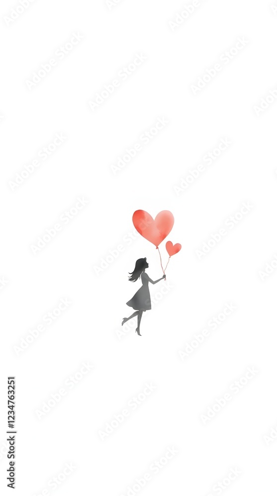 Heartfelt Wishes - A delicate watercolor illustration of a young girl floating with two heart-shaped balloons Heartfelt Wishes - A delicate watercolor illustration of a young girl floating with two heart-shaped balloons