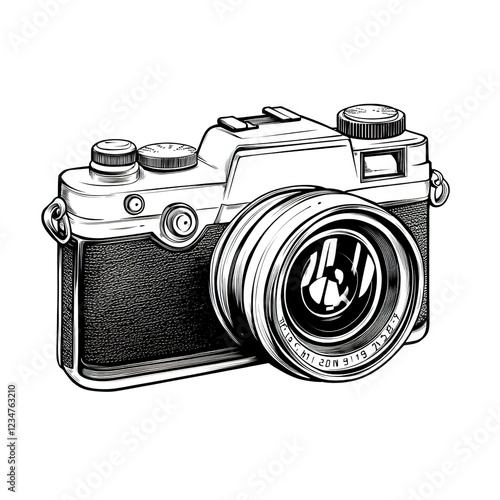 Hand drawn retro camera vector illustration, white background, simple line art