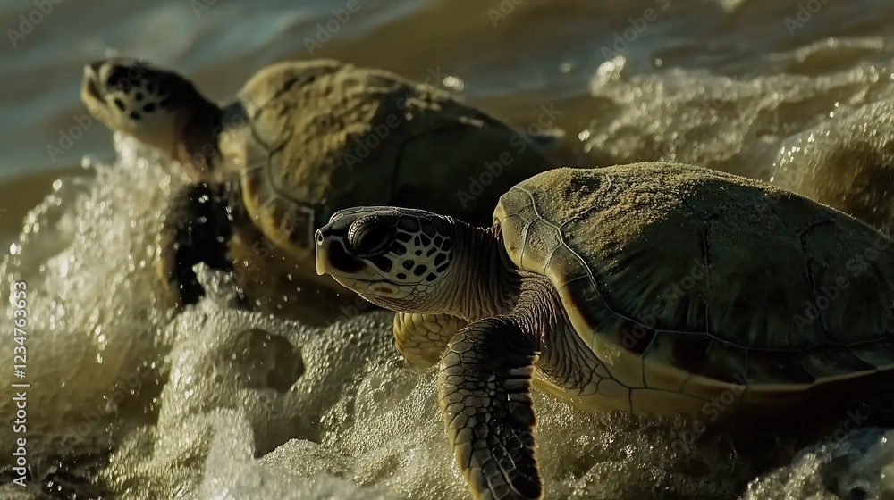 Obraz premium Two sea turtles emerge from the ocean surf with sand on their shells