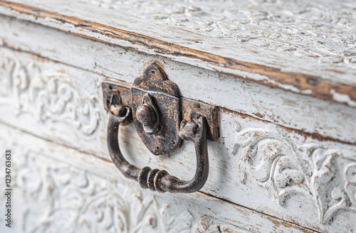 Close-up of an old wooden door handle with floral details on white painted wood. A charming vintage element for historical interiors, home styling, and retro decor inspiration.

 photo