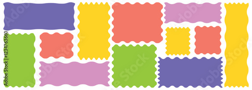 Set of frames with zigzag edge scallop shape. Geometric shapes stickers with rectangle frames . Rectangular, circle, oval and square scalloped frames. Isolated elements for design of text box, badge, 