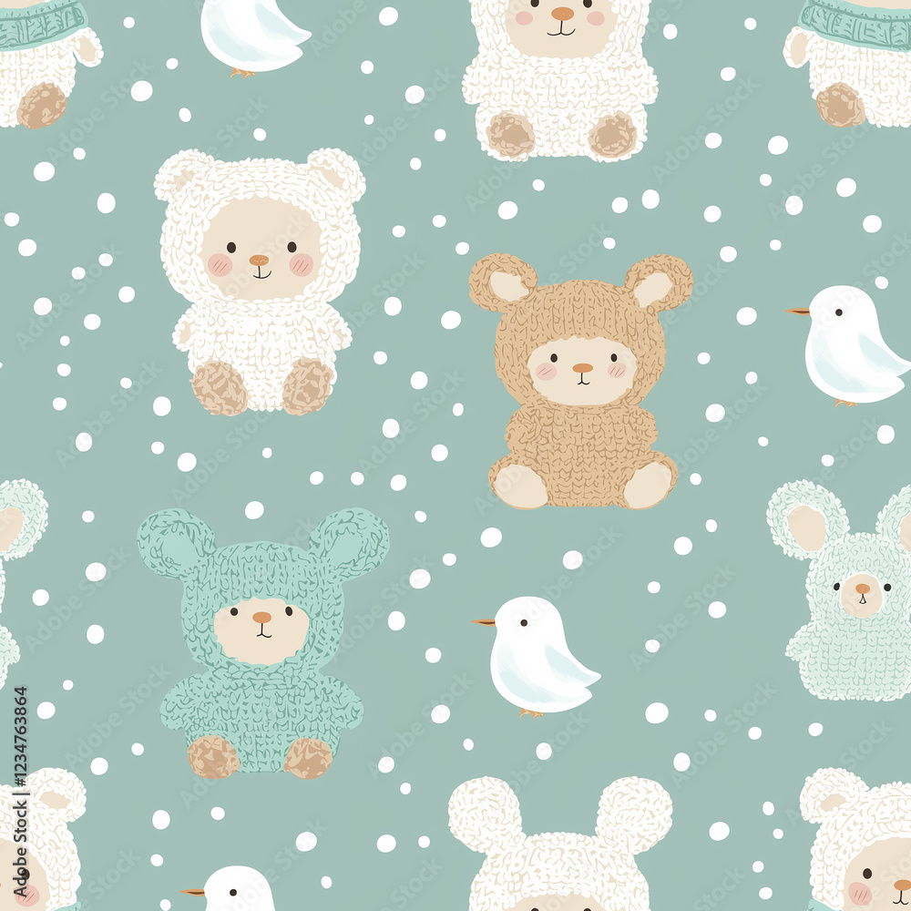 Cute, whimsical pattern featuring adorable animal characters in cozy outfits against a soft blue background with white snowflakes. Cute, whimsical pattern featuring adorable animal characters in cozy outfits against a soft blue background with white snowflakes.