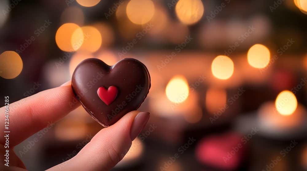 Handholding Chocolate Heart with Soft Romantic Background Lights Handholding Chocolate Heart with Soft Romantic Background Lights