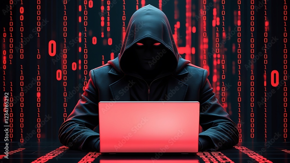 Neon Red Anonymous Hacker in Hoodie Using Laptop – Cybersecurity Threats, Data Breaches, and Dark Web Activities Represented in Digital Code Art Neon Red Anonymous Hacker in Hoodie Using Laptop – Cybersecurity Threats, Data Breaches, and Dark Web Activities Represented in Digital Code Art