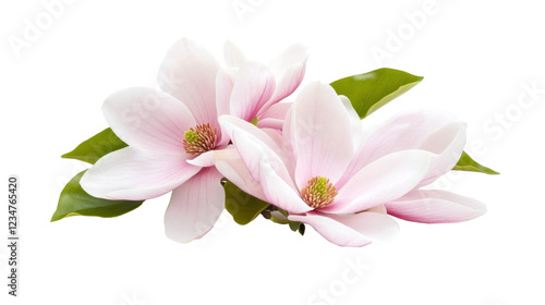 Beautiful pink magnolia flowers with green leaves create serene atmosphere