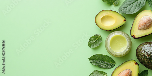 Halved and whole avocados with mint leaves and a small jar of creamy avocado balm are arranged on a fresh, minimalistic green background.