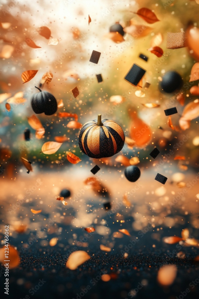 Autumnal gourds and confetti dance in a vibrant fall spectacle. Autumnal gourds and confetti dance in a vibrant fall spectacle.