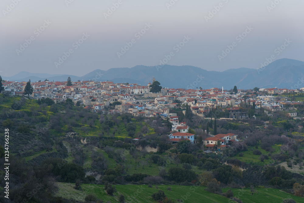 Fototapeta premium A picturesque view of Lefkara village in Cyprus, famous for its traditional stone houses, narrow streets, and rich lace-making heritage, nestled in a scenic mountain landscape.