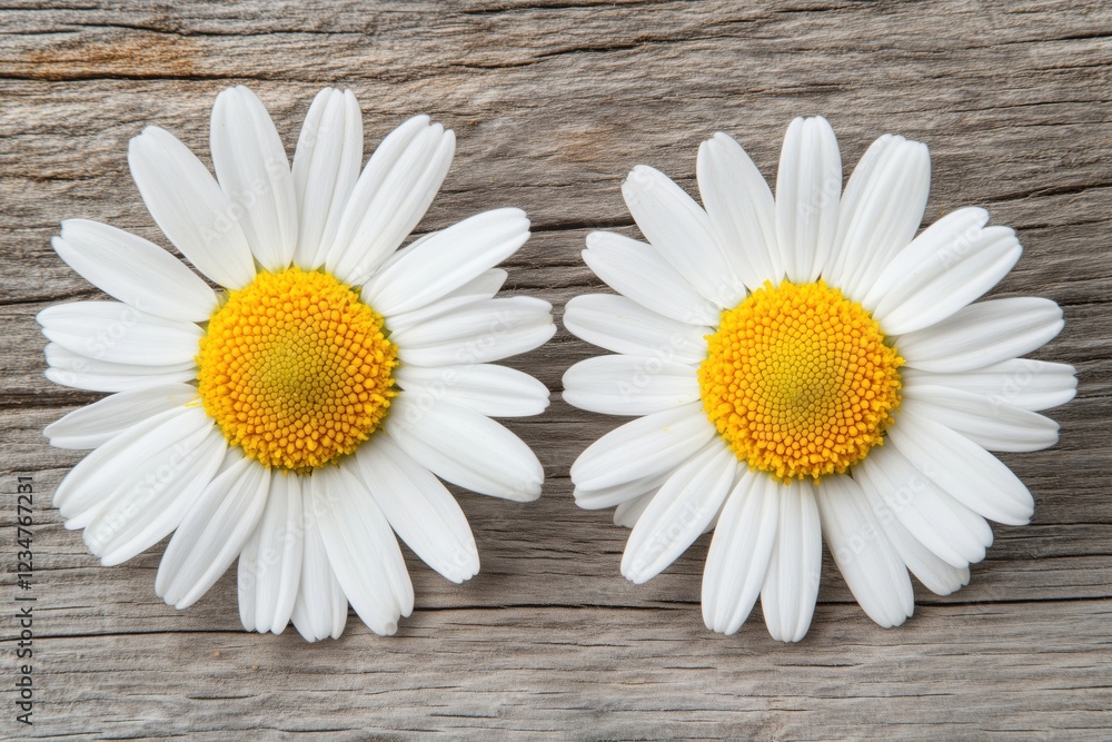 Obraz premium Two white daisies with yellow centers on a rustic wooden surface.