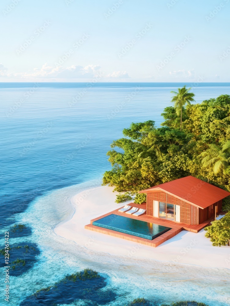 Obraz premium A serene beachfront villa surrounded by lush greenery and clear blue waters, featuring a private pool and sandy shores.