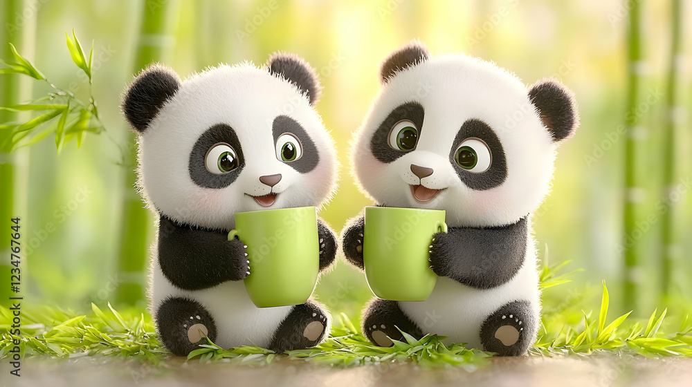 Fototapeta premium Two cute pandas enjoying tea in bamboo forest